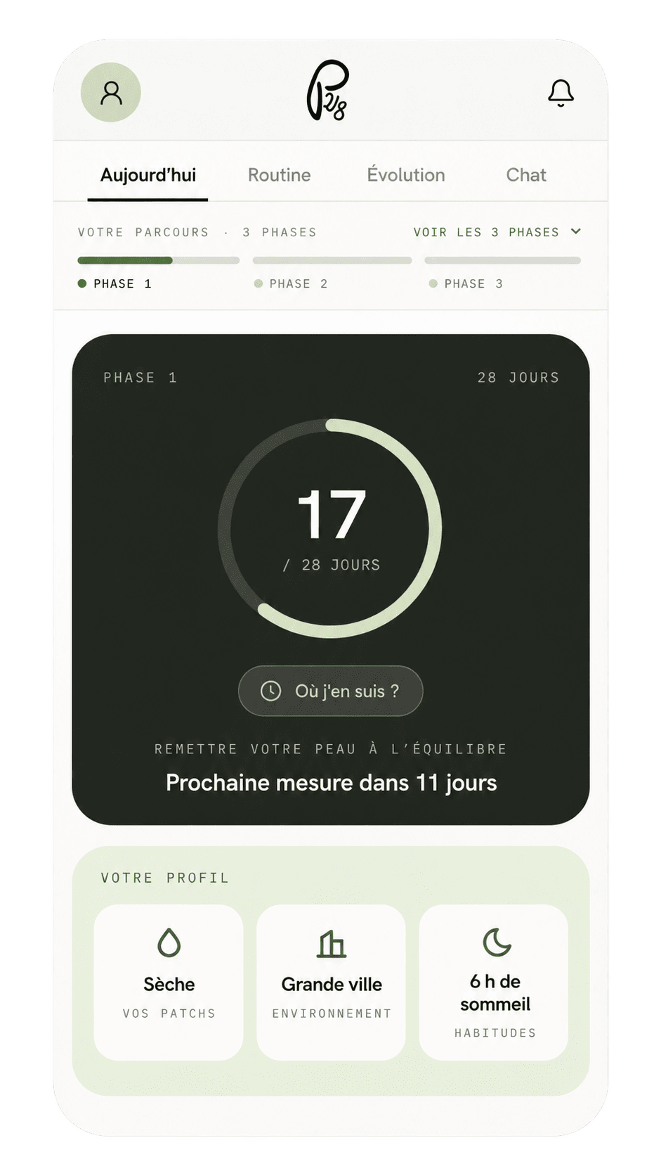 Écran de l'application : dashboard et routine