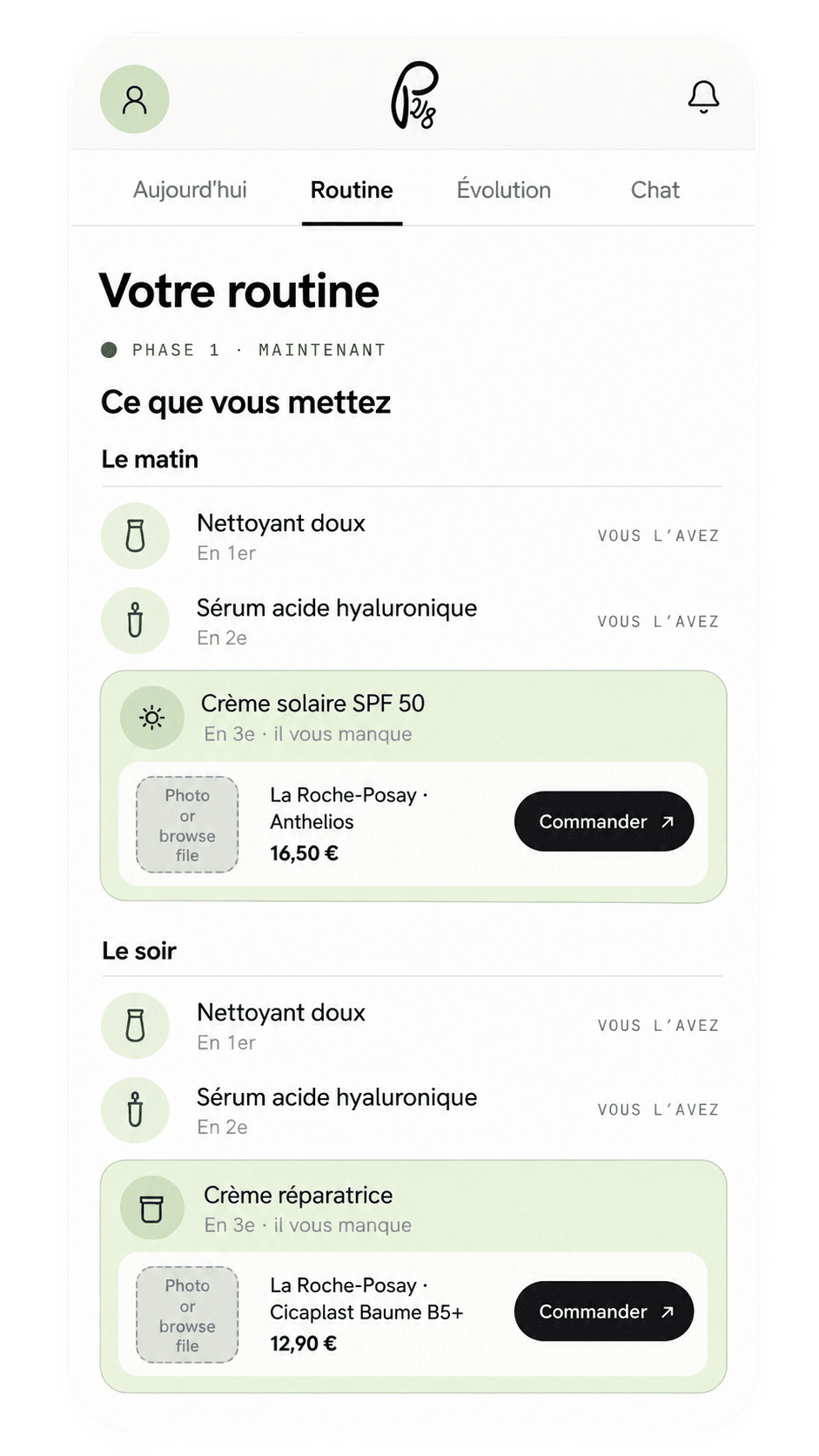Écran de l'application : recommandations produits